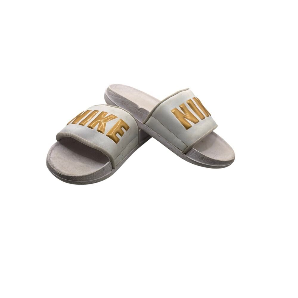 Nike White Size 6 Slide Sandals Gold Logo Casual Sporty Summer Footwear